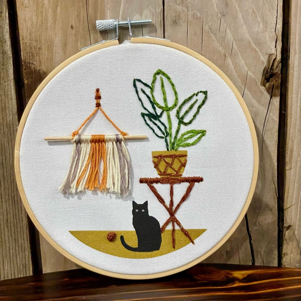 Handmade Embroidered Wall Art with Cat and Plant
